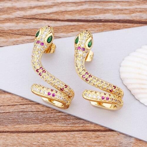 New Fashion Punk Style Snake Shape Earrings Stud Earrings Copper Cubic Zirconia For Women Girls Charm Party Gold Color Jewelry