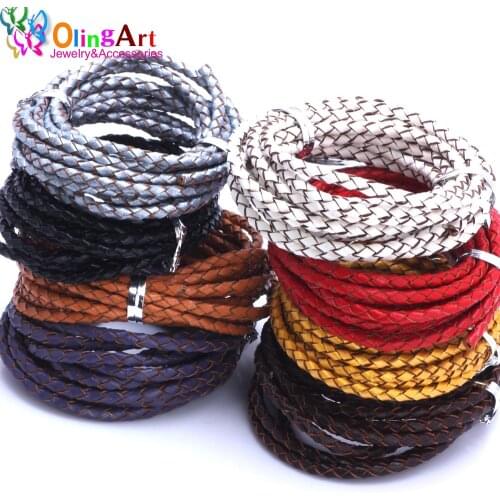 OlingArt 3mm 2M Multicolor Round Genuine Braided Leather Cord women earrings Bracelet choker necklace wire DIY jewelry making