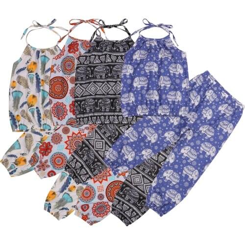 2-7Y Girl Clothing Set Summer Toddler Kid Girl Clothes Outfit Elephant Floral Printed Sleeveless Halter Top Pants 2pcs Set
