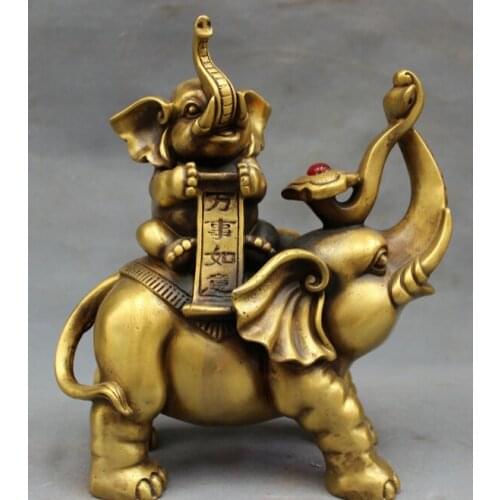 Song voge gem S2403 9" Chinese Bronze Folk Carved RuYi Wealth Fu Elephant Statue Animals Figurine