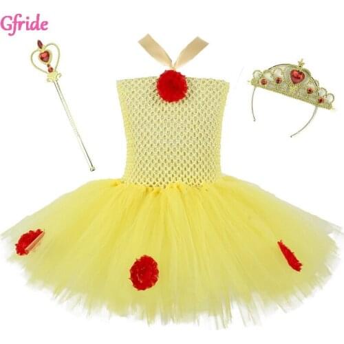 Girls Cosplay Belle Tutu Dress With Crown Glove Children Halloween Snow Queen Costume Super Hero Full Set Birthday Party Dress