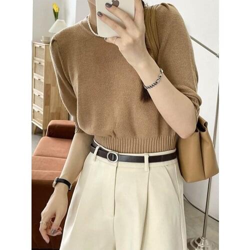 Casual Half Sleeve Knit T-shirt Women O-Neck Loose Bottoming Tops Ladies Summer Korean Style Black Shirt Female