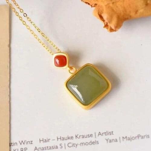 S925 Sterling Silver Gilding Ethnic Style Natural Hetian Jade Green Jade Simple Women Simple Clavicle Chain Sweater Chain Pendan