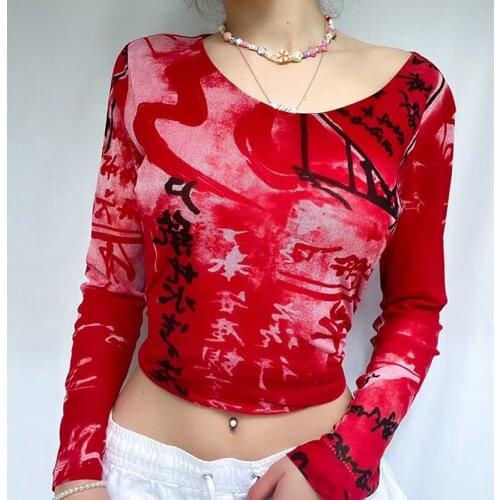 Womens Tube Top Basic Scoop Neck Tops Stylish Graffiti Print Long Sleeve Slim Fit Womens T-Shirts Streetwear Y2k