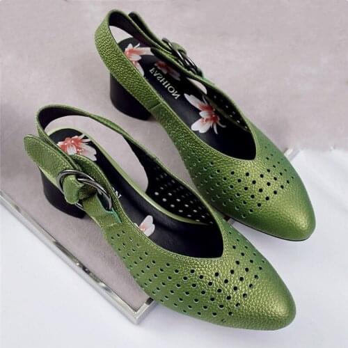 Genuine Leather Women Pumps Real Cow Leather Medium Heels Shoes Women Block Heel Slingback Pumps Buckle Strap Ladies Shoes