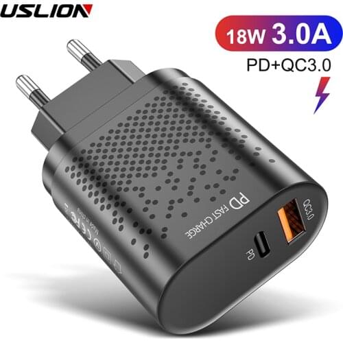 USLION 18W USB Charger PD3.0 QC3.0 Fast Charging Mobile Phone Charger Quick Charge 3.0 Adapter For iPhone Samsung Xiaomi Huawei