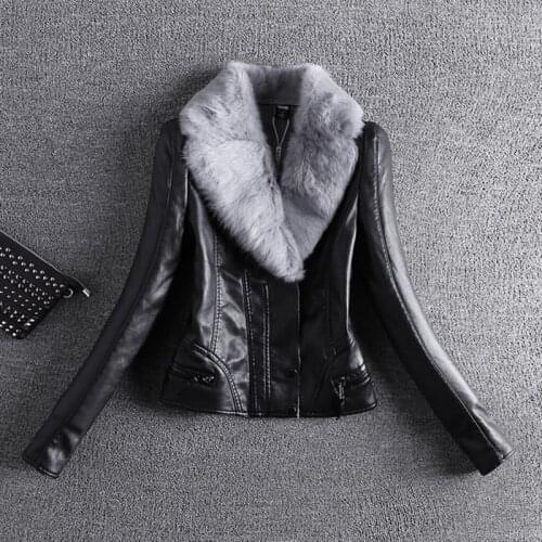 2019 Winter Faux Leather Jacket Women Fashion Faux Plus Velvet Fur CollarJacket Coats Female Casual Warm Thick Outerwear R743