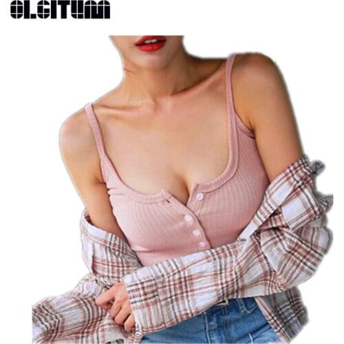 OLGITUM Women Camisole 2020 Sexy Short Slim Buttonup Tights Nightclub Women Summer Thin Lacing Top Camis Femmes TC008