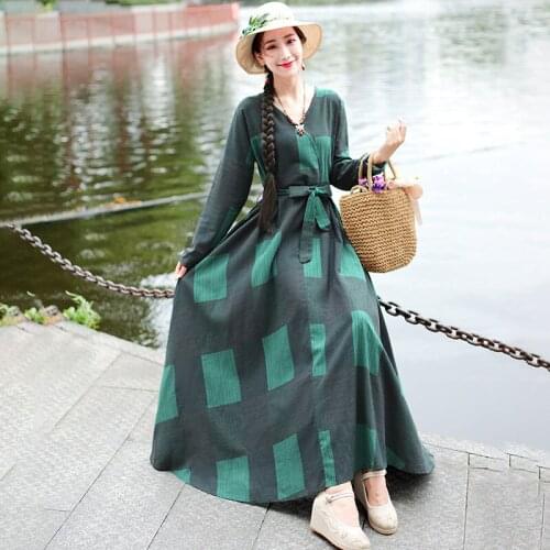 2021 New Arrival Print Plaid Cotton Linen Vintage Autumn Dress Bow Sashes Slim Office Lady Work Dress Women Casual Spring Dress