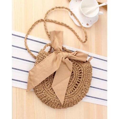26x23CM Cute Bow Crossbody Woven Bag Handmade Crocheted Round Shape Straw Bag Women Beach Bag a7218