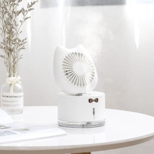 3 In 1 Humidifier Desk Fan with Colorful Night light 3 wind speeds 2000mAh Rechargeable Cat Shape Mini Fan Cooling Air Condition