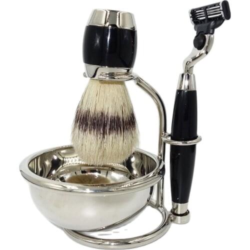 WLONG 4 In 1 Men Shaving Brush Set with Germany Original Mach 3 Razor Blade Stand Holder Organizer and Lather Soap Foam Bowl