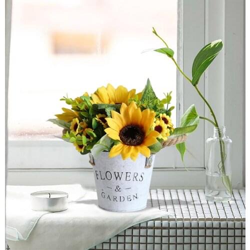 Artificial Daisy Pot Fake Flowers in Metal Potted Bouquet with Vase for Wedding Party Stage Centerpieces Windowsill Decor