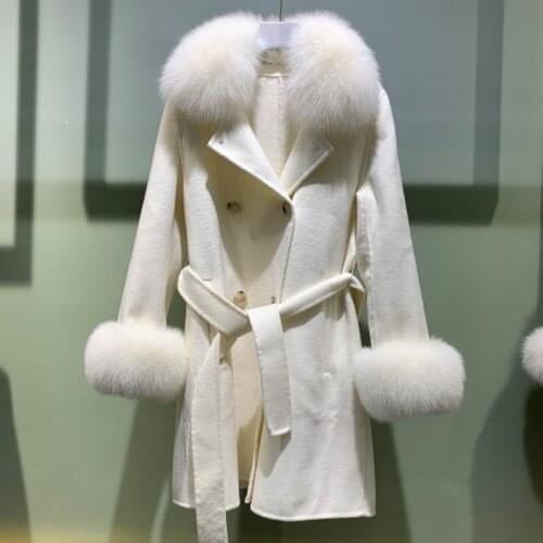 Winter Hot sell X-long Russian Double-breastedWool Cashmere Coat Natural Fox Fur Christmas Season Trench Coats