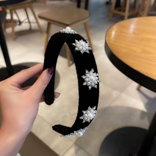 LOVOACC Vintage Bling Rhinestones Snowflake Headband for Women Black Velvet Simulated Pearl Wide Brimmed Hair Band Accessories