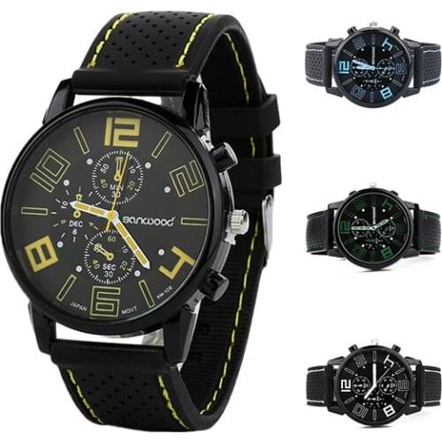 Mens Casual Quartz Analog Silicone Band Stainless Steel Round Sports Watch Army Military Black Quartz Watch Fashion Casual