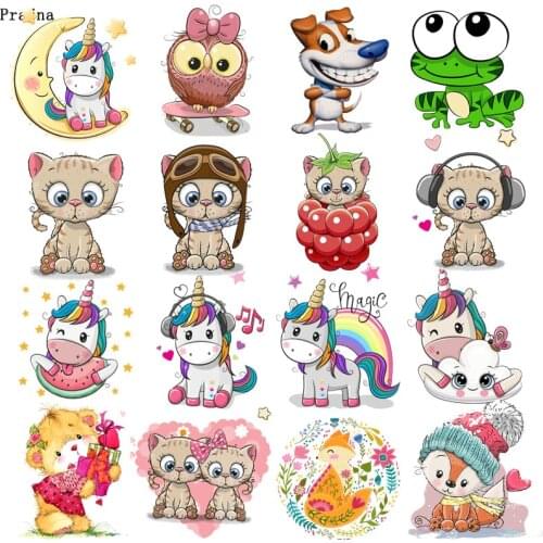Prajna Cartoon Animal Unicorn Cat Owls Iron On Transfers Vynil Heat Transfer Cute Small Animal Ironing Stickers On Kids T-shirt