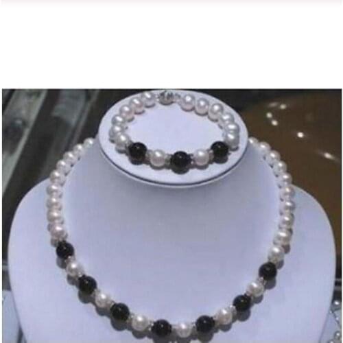New hot 7-8MM White Pearl with Black Agate Beads Neckalce 17" Bracelet 7.5" Set