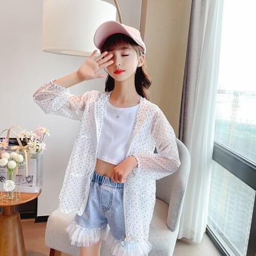 New Dot Pattern Long Sleeve Hooded Light Summer Girls Outerwear 3-13 Years Old Childrens Clothing Kids Sunscreen for Girl