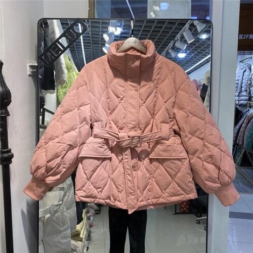 Winter Women Down Outerwear Plus Sashes Stand Collar Lantern Sleeve Pocket Female Parkas Beige Pink Black Casual Puffer Jacket