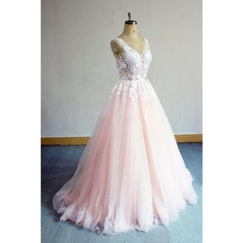Pink Tulle Lace V-Neck Strapless Floor-Length A-line Wedding Dress Bridal gown Custom made