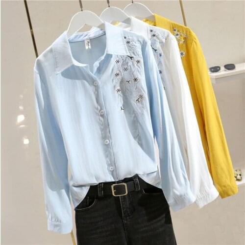 Embroidery Women White Shirts Cotton Turn-Down Collar Long-Sleeved Slim Casual All Match Female Buttoming Outwear Tops