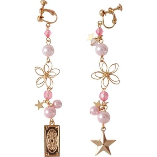 Japenese Comic Metal Enamel Hollow Flower Pink White Imitate Pearl Card Captor Sakura Long Clip Earrings For Women Children Kids