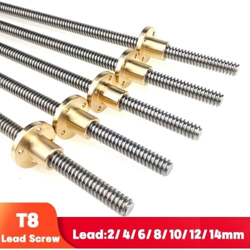 T8 Lead Screw OD 8mm Pitch 2mm Lead 2mm/8mm 150mm 200mm 250mm 300mm 330mm 350mm 400mm 500mm With Brass Nut For Reprap 3D Printer