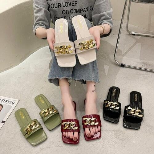Metal Chain Flat Slippers Fashion Shoes Summer Slipper Women Open Toe Design Solid Color Outdoor Slides Women Shoes Plus Size