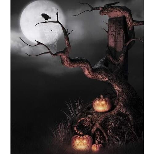 TR 10x10FT Dark Gray Sky Moon Bold Tree Trunk Grave Tomb Pumpkin Halloween Custom Backdrop Photo Studio Background Vinyl
