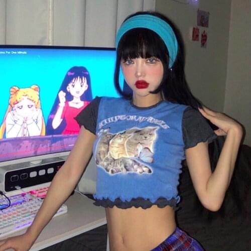 Korean Fashion Summer Women2021 New Cute Cat Butterfly Print Wood Ear Stitching T-shirt Female Cotton Y2k Top Woman Tshirts