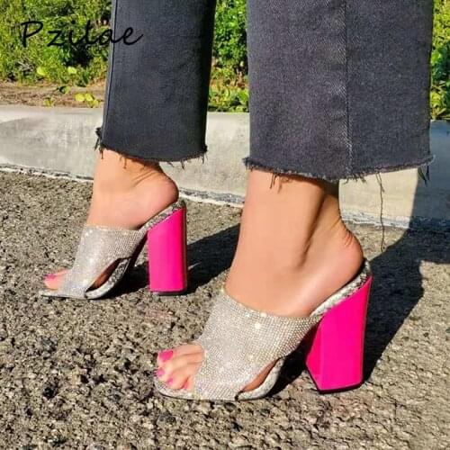 Pzilae New woman sandals 2020 fashion ladies square toe chunky high heels summer glittering slippers women sexy hollow sandals