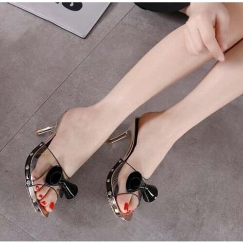 Transparent PVC Summer Women Slippers with High Heel Female Thin Heels Sandals Open Toe Sexy Women Elegant Flowers Party Shoes