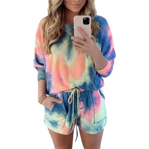 Tie Dye Print Women Clothing Set Two Piece Long Sleeve Blouses Shorts Ladies Outfit Fashion Casual Female Loose Club Clothes Set