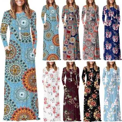 Casual women long dress o-neck long sleeve floor-length dresses winter party fashion elegant pocket maxi dress for woman black