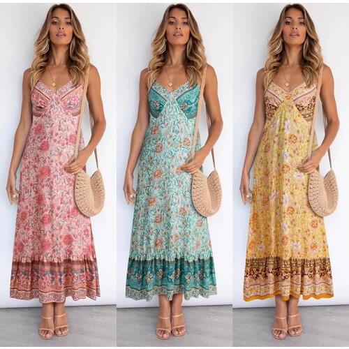 2021 Summer Womens Elegant Dress Printed Frill Strap Casual Clothes Bohemian Deep V-Neck Floral Long Dress Hot Sale