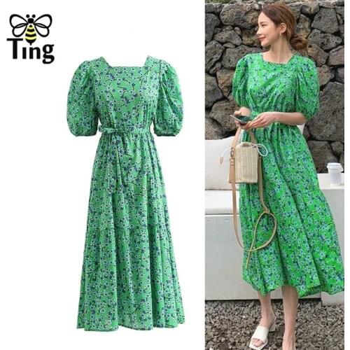 Tingfly Summer Women Cottagecore Clothes Green Floral Retro Puff Sleeve Midi Long Relax Fit Casual Dress Boho Urban Vestidos Za