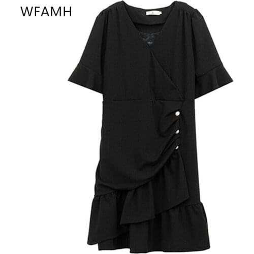 2021 summer new womens large size black short-sleeved irregular ruffled temperament slim pleated button V-neck dress undefined