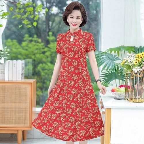 Vintage Printed Cheongsam collar Summer Dress Women Casual Short Sleeves A Line Sashes Elegant Dresses Female Vestidos