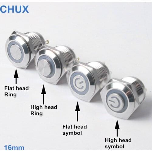 16mm Metal Button Switch Momentary Reset Waterproof Ultra short Type Flat High Head 1NO 12 Volt 24V 220V Power PushButton
