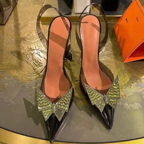 2021 Fashion Crystal Bowknot Woman Wedding Pumps Sexy Clear Perspex High Heels New Pointed Toe PVC Transparent Sandals Shoes 45