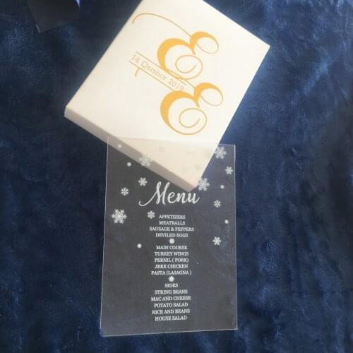 Hot sell menu card 50pcs custom snowflake printing clear acrylic card invitation cards