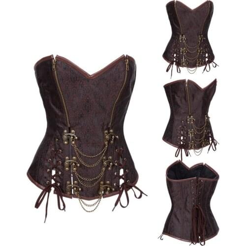 Steampunk Brown Brocade Punk Corset Top Chain Lace Up Overbust Corselet Sexy Lingerie Gothic Clothing Bustier Korsett For Women