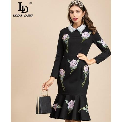 LD LINDA DELLA Summer Runway Elegant Black Midi Dress Womens Mesh Collar Bead Flowers Embroidered Vintage Party Mermaid Dress
