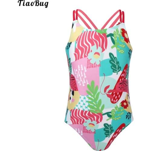 TiaoBug Summer Kids Girls 1Pc Colorful Painting Print Criss Cross Spaghetti Straps Jumpsuit Bodysuit Beach Swimwear Bathing Suit
