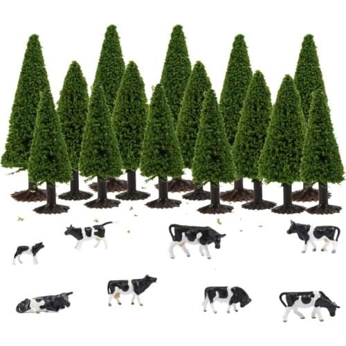 Model Train Raiway Layout Model Train HO scale Painted Farm Cows+Model Cedar Trees Combined Kit S0701