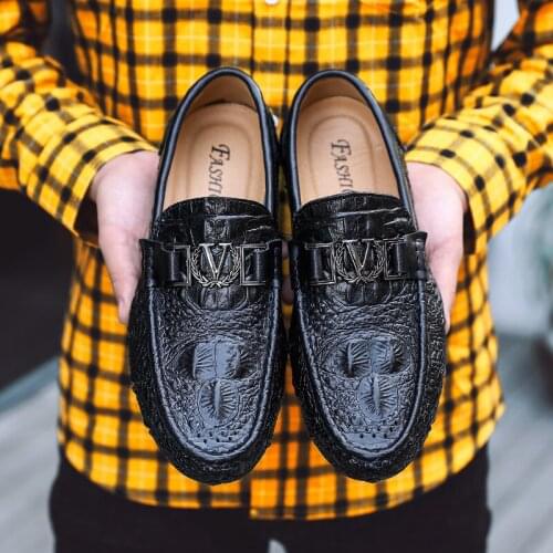 Crocodile Pattern Penny Loafers Men Shoes Leather Hollow Out Slip-on Man Casual Driving Shoes Handmade Slip on Flats Moccasins