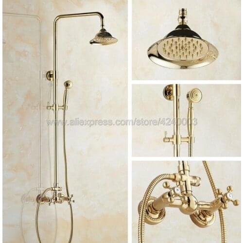 Golden Bathroom Rainfall Shower Faucet Set Double Handle Mixer Tap With Hand Sprayer Wall Mounted Bath Shower Sets Kgf327
