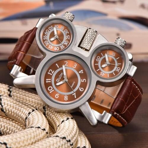 Oulm Watches Top Brand Luxury Fashion Brown Quartz Watch Unique 3 Small Dials Leather Strap Men Wristwatch Relogio Masculino
