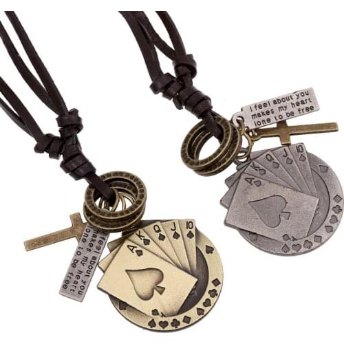 DoreenBeads Fashion Pendant Necklace Silver Color Poker Pendant Brown Leather Rope Chain Trendy Necklace Vintage Jewelry,1 PC